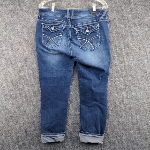 WallFlower Womens Cuffed Cropped Jeans Blue Size 11 Faded Whiskers 2-Button - Picture 9 of 16